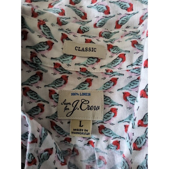 J. Crew 100% Linen Classic Short Sleeve Sz Large Bird Print White Shirt Preppy - Picture 3 of 9